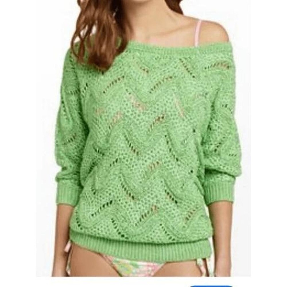 Lilly Pulitzer Larissa Tunic Sweater Green Crochet Open Knit Women ML 48025